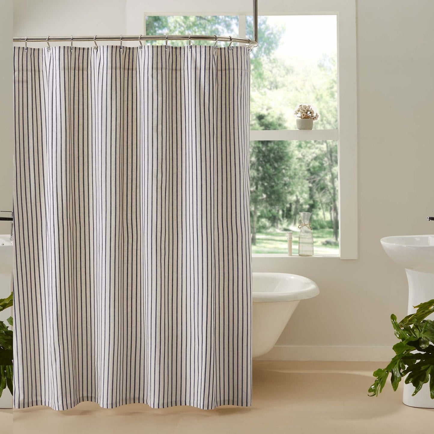 Kaila Blue Ticking Stripe Shower Curtain 72x72