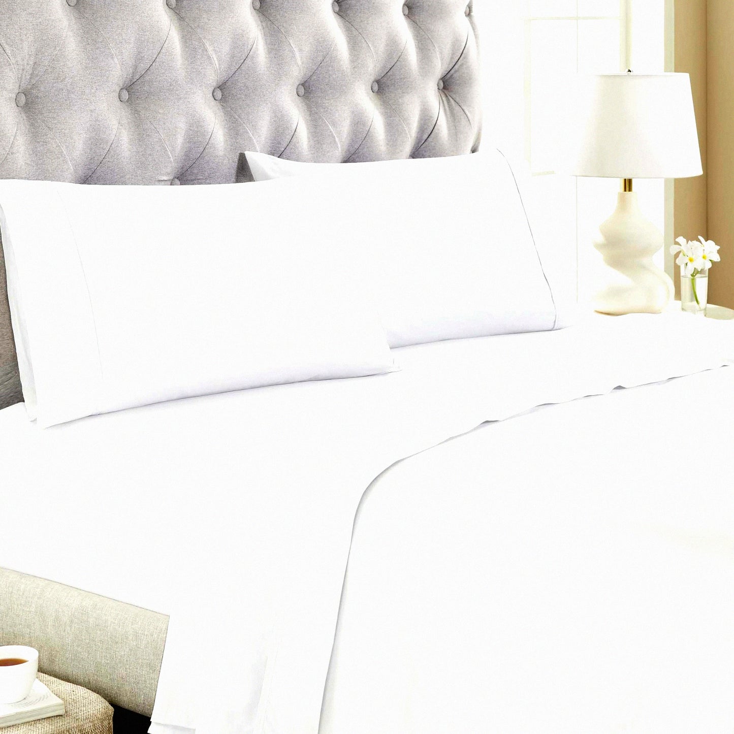 Percale Comfort 300 Thread Count Bed Sheet Set - Deep Pocket Fitted Sheet, Flat Sheet, Pillowcases - Cute White Bedding Decor for Full Size Bed