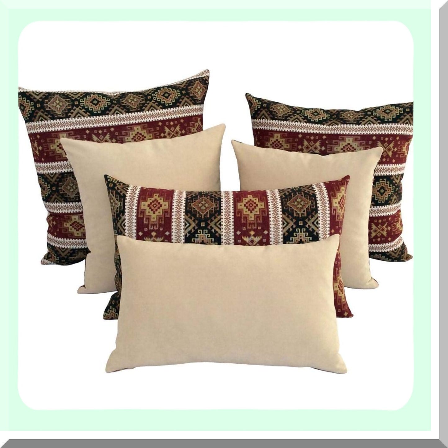 Boho Chic Kilim Lumbar Pillow Covers - Burgundy Red & Green 14x24 Inches - Decorative Southwestern Farmhouse Sofa Shams - Bohemian Outdoor Cushion Case for Couch