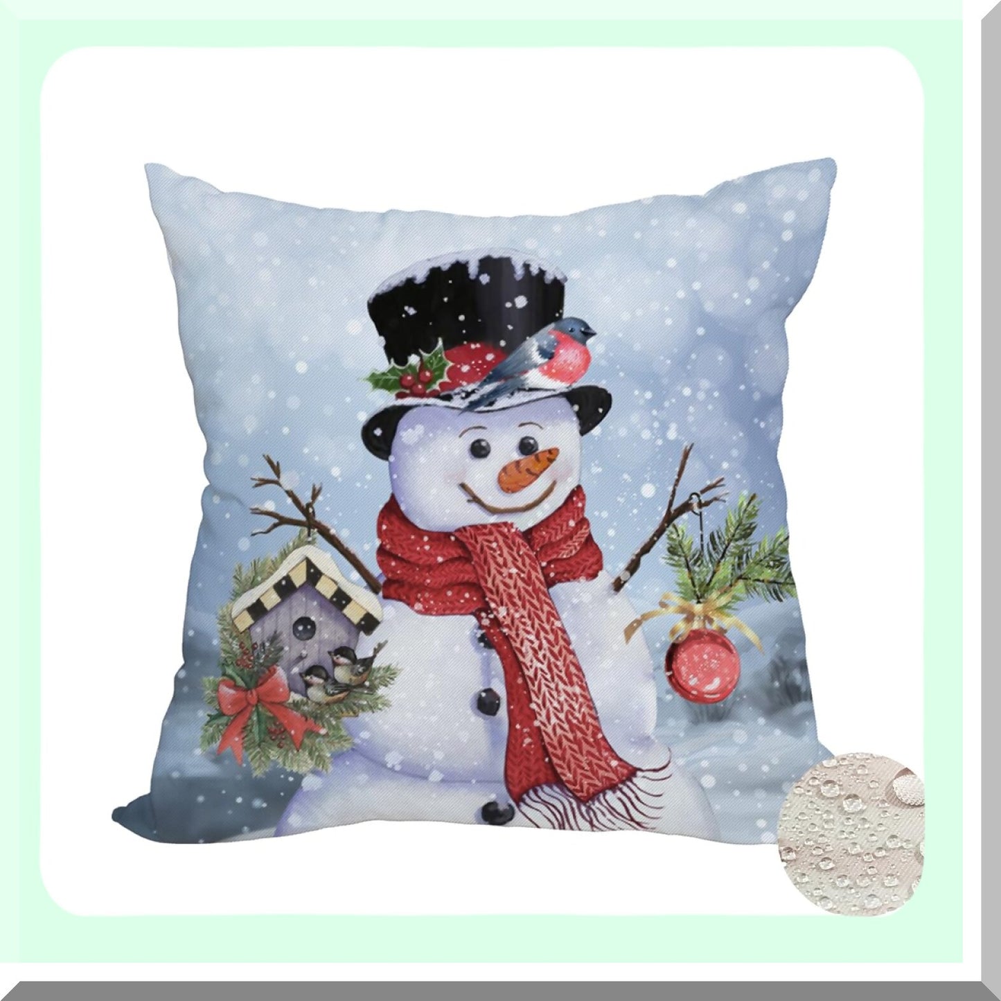Winter Wonderland Snowflake Pillow Cover - 20x20 Inch Waterproof Holiday Decor Cushion Case for Sofa & Couch. Double Sided Birds, Mistletoe, Holly, Fir Snow Design. Perfect Xmas Home Accent.