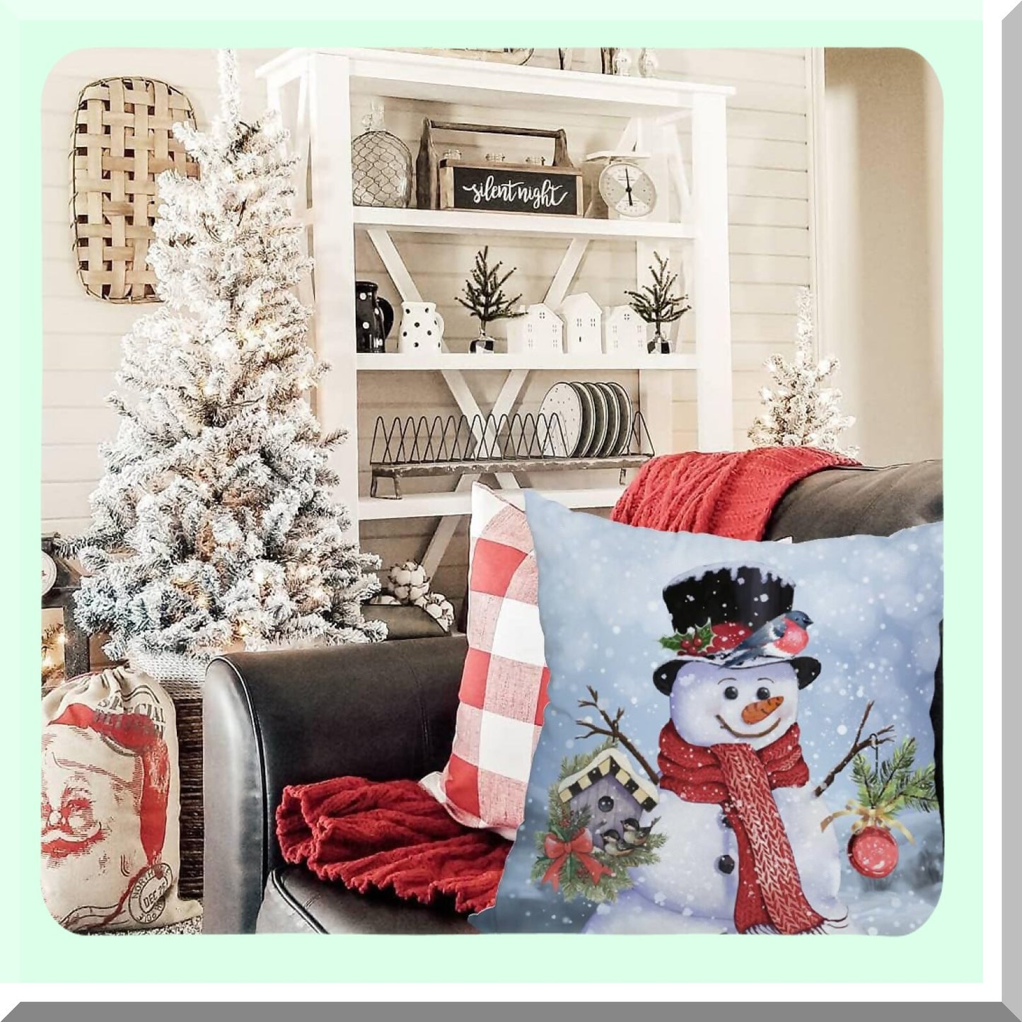 Winter Wonderland Snowflake Pillow Cover - 20x20 Inch Waterproof Holiday Decor Cushion Case for Sofa & Couch. Double Sided Birds, Mistletoe, Holly, Fir Snow Design. Perfect Xmas Home Accent.