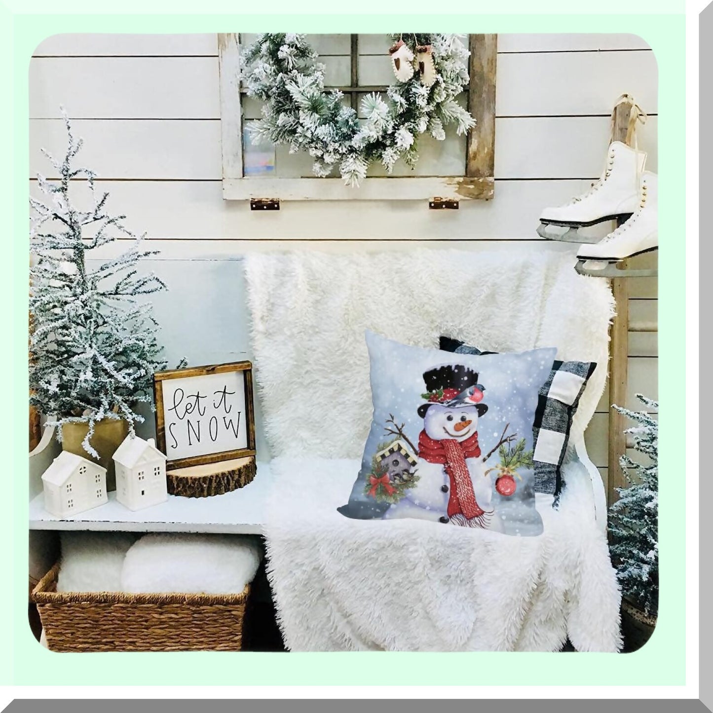Winter Wonderland Snowflake Pillow Cover - 20x20 Inch Waterproof Holiday Decor Cushion Case for Sofa & Couch. Double Sided Birds, Mistletoe, Holly, Fir Snow Design. Perfect Xmas Home Accent.
