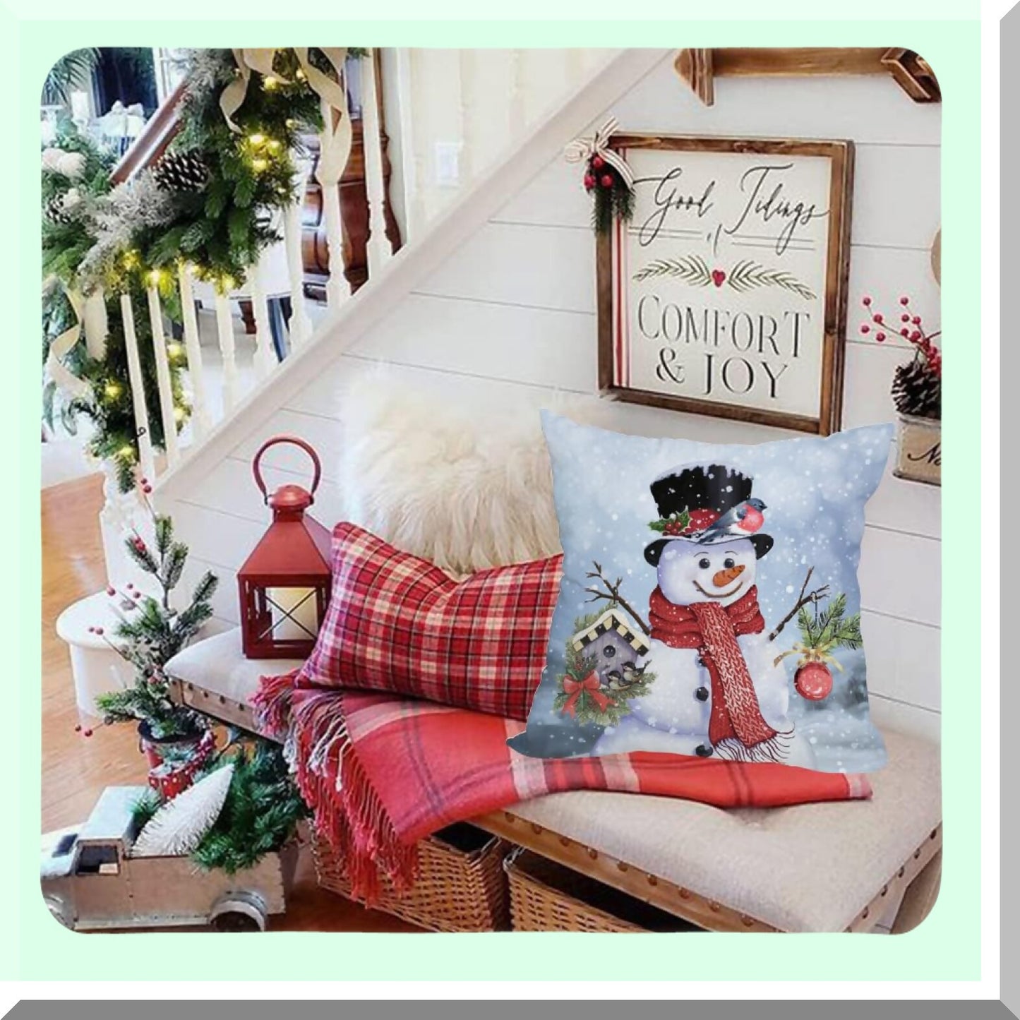 Winter Wonderland Snowflake Pillow Cover - 20x20 Inch Waterproof Holiday Decor Cushion Case for Sofa & Couch. Double Sided Birds, Mistletoe, Holly, Fir Snow Design. Perfect Xmas Home Accent.