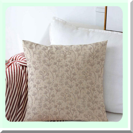 Floral Meadow Blossom Linen Pillowcase - Farmhouse Brown Jacobean Cushion Cover - Country Cream Crewel Throw Pillow Case - Couch Sofa Bed Decor