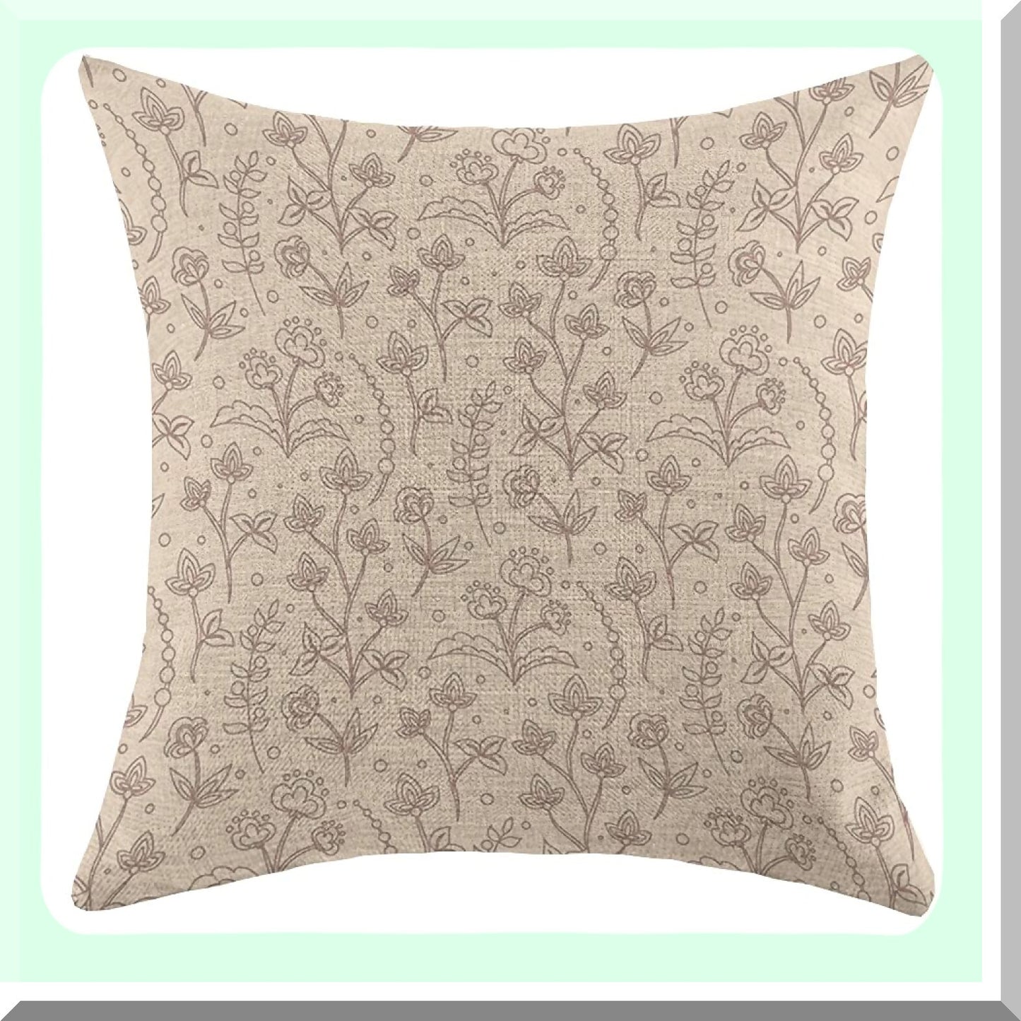 Floral Meadow Blossom Linen Pillowcase - Farmhouse Brown Jacobean Cushion Cover - Country Cream Crewel Throw Pillow Case - Couch Sofa Bed Decor