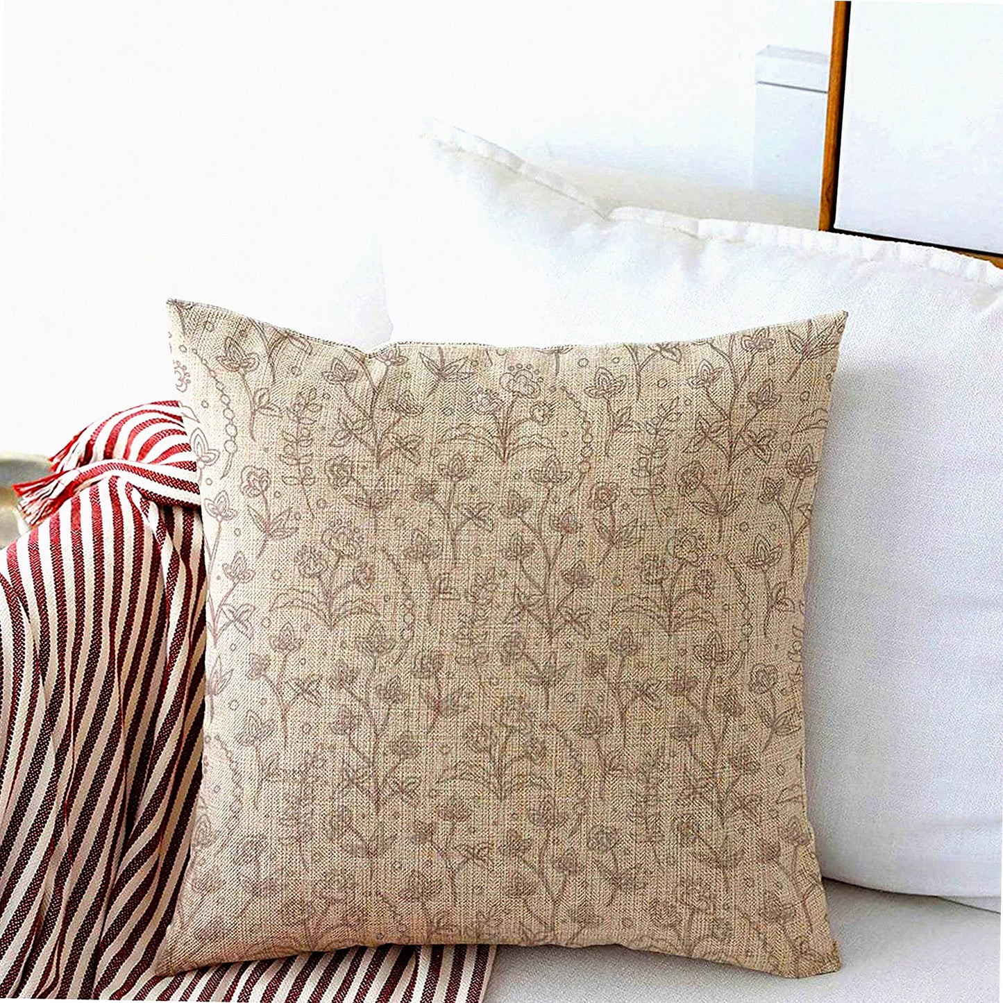 Floral Meadow Blossom Linen Pillowcase - Farmhouse Brown Jacobean Cushion Cover - Country Cream Crewel Throw Pillow Case - Couch Sofa Bed Decor