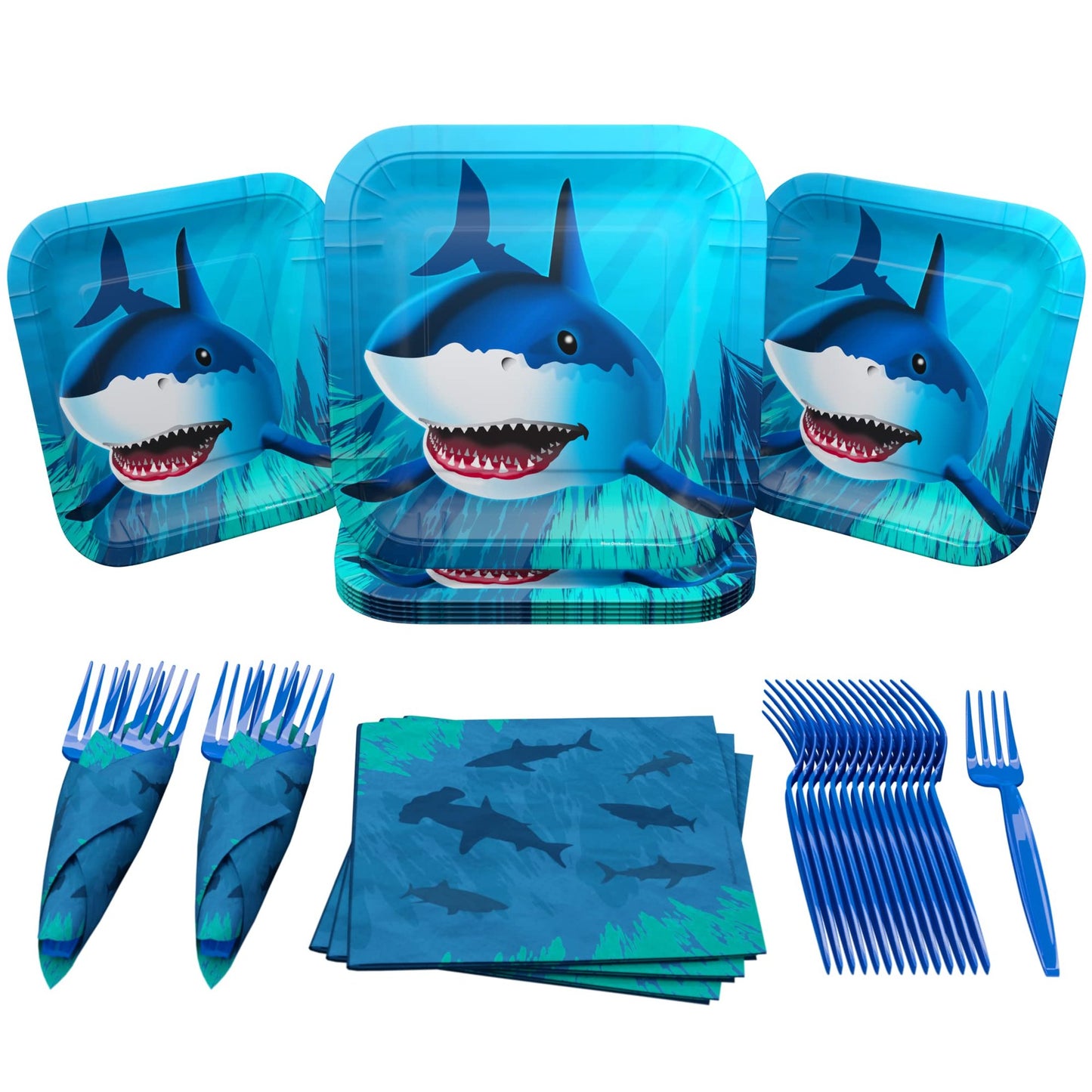 Shark Blast Party Pack - 60 Pieces for 16 Guests - Shark Birthday Decorations, Under the Sea Theme - Plates, Napkins, Cups, and More!