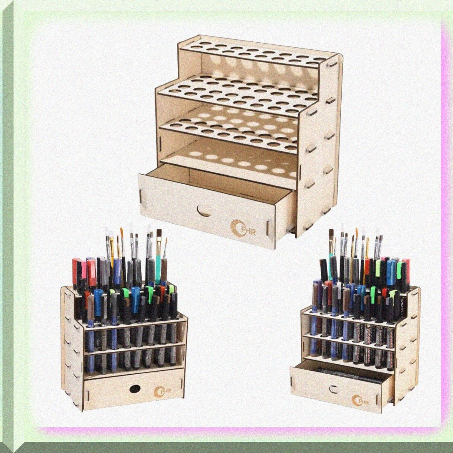 Wooden Paint Brush Organizer with Drawer, 32 Holes
