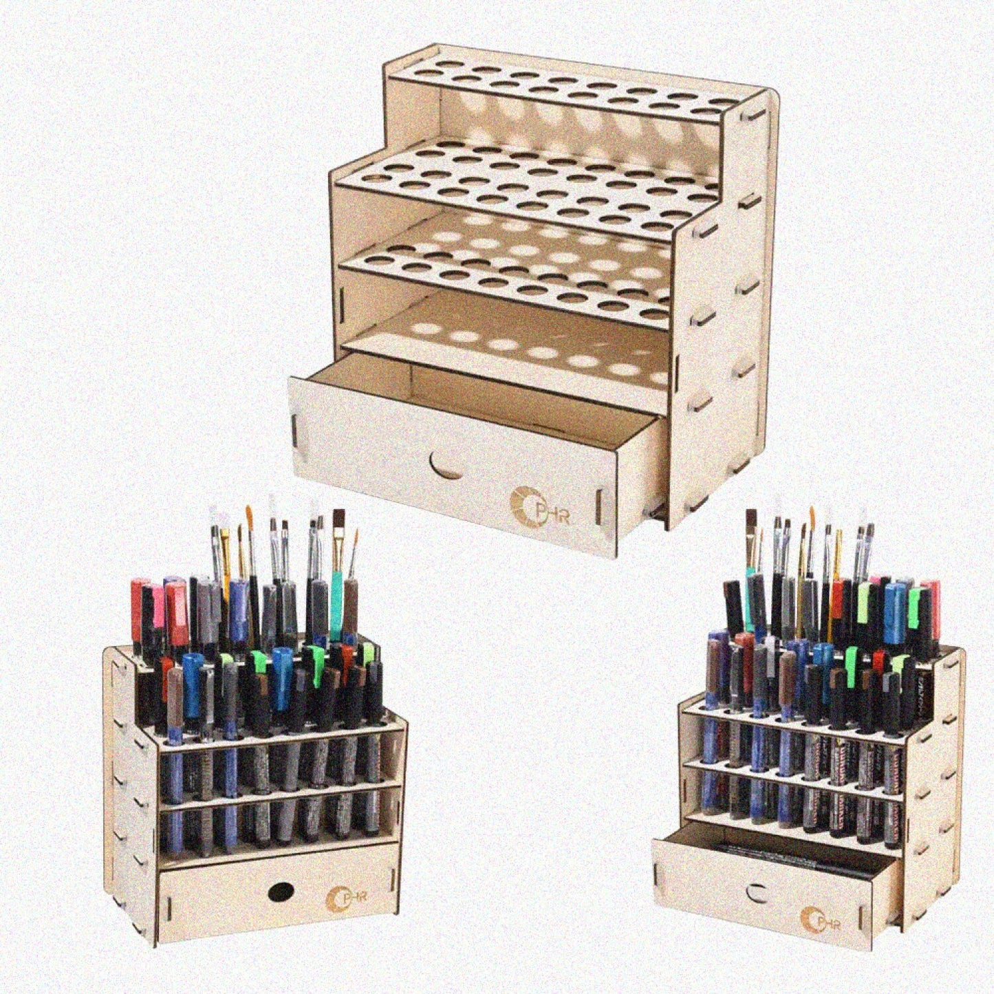 Wooden Paint Brush Organizer with Drawer, 32 Holes