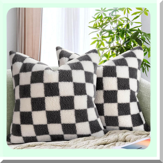 Luxury Wool Checkerboard Pillow Covers - Set of 2 Decorative Throw Cushion Cases for Couch Sofa Bedroom - Super Soft 20 x 20-Inch Gray