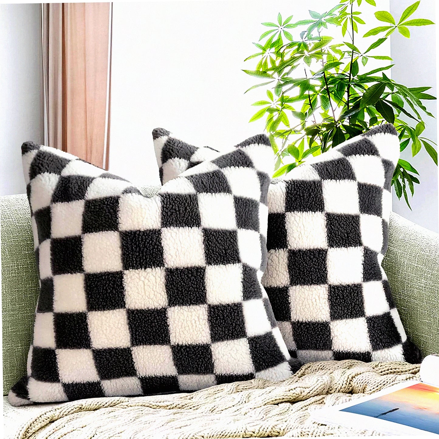 Luxury Wool Checkerboard Pillow Covers - Set of 2 Decorative Throw Cushion Cases for Couch Sofa Bedroom - Super Soft 20 x 20-Inch Gray