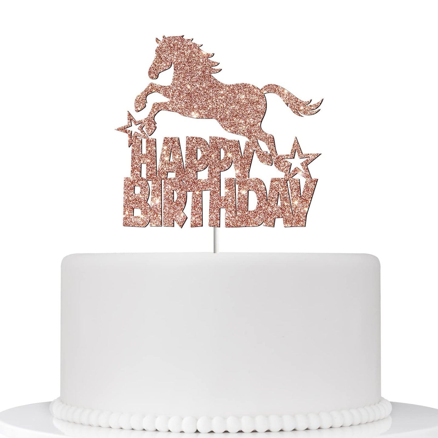 Rose Gold Equestrian Cake Topper - Horse Happy Birthday Decoration for Boy or Girl - 1st to 11th Birthday Party Supplies - Adult Equestrian Theme Decor