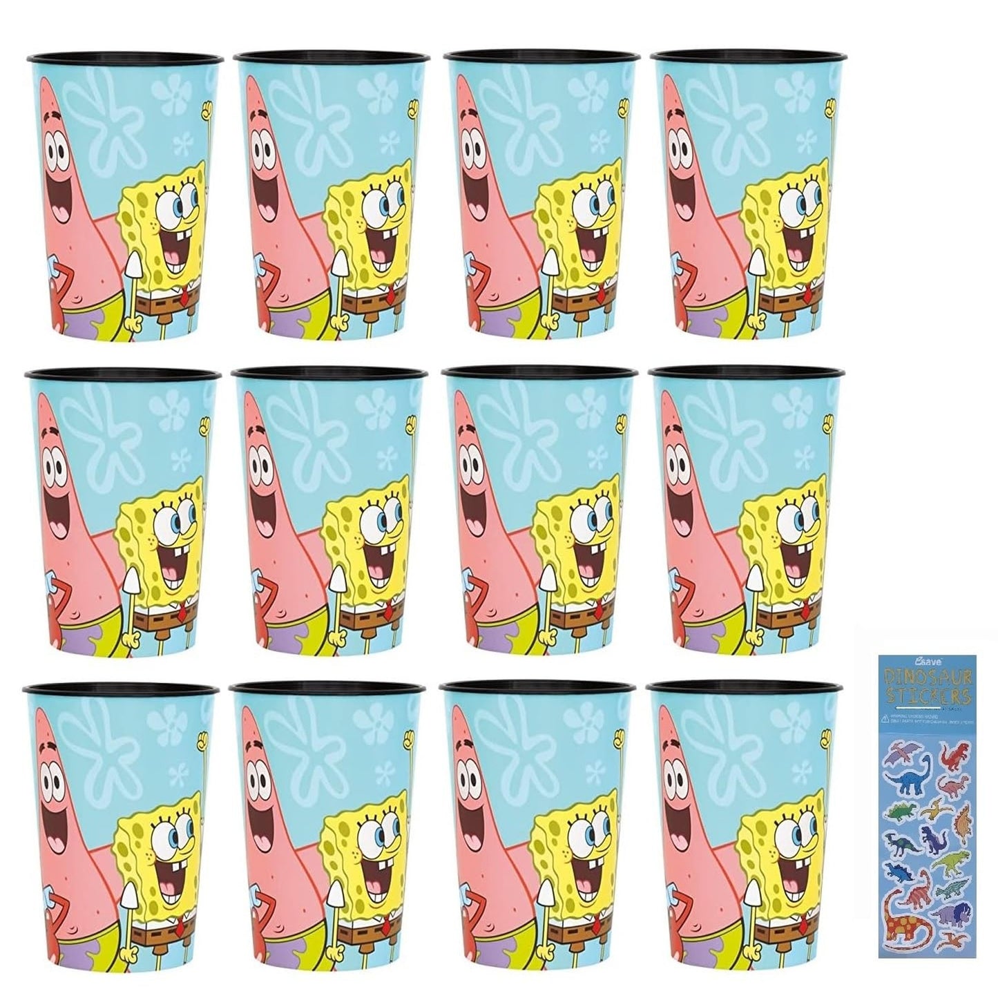Spongebob Squarepants Party Pack - 12 Reusable Cups & Dino Sticker Sheet - Birthday Supplies & Favors for Kids - Fun & Colorful Theme Set