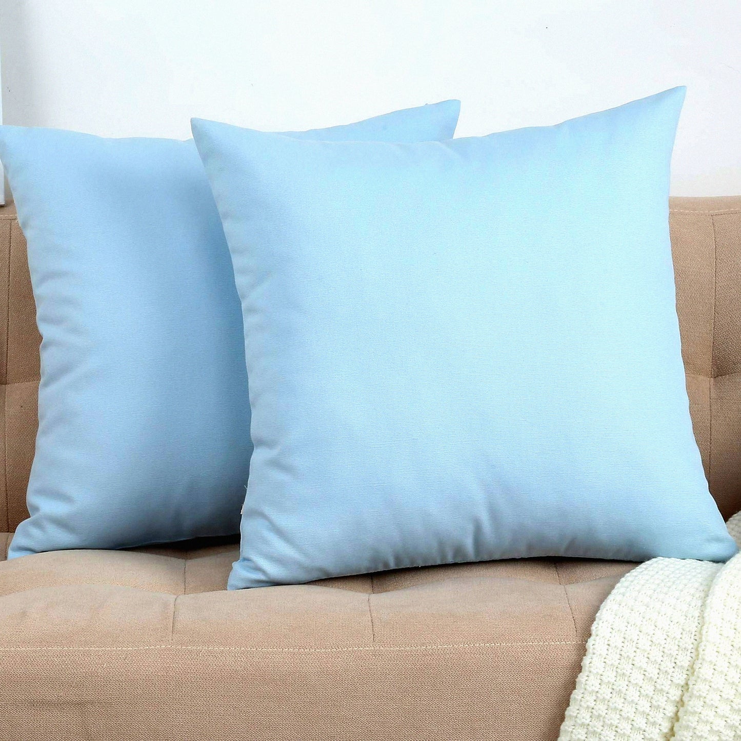 Cotton Canvas Bliss Throw Pillow Covers - Set of 2 Light Blue Cushion Covers, 16x16 inches, 100% Cotton, Decorative Home Decor - 45 Color Options