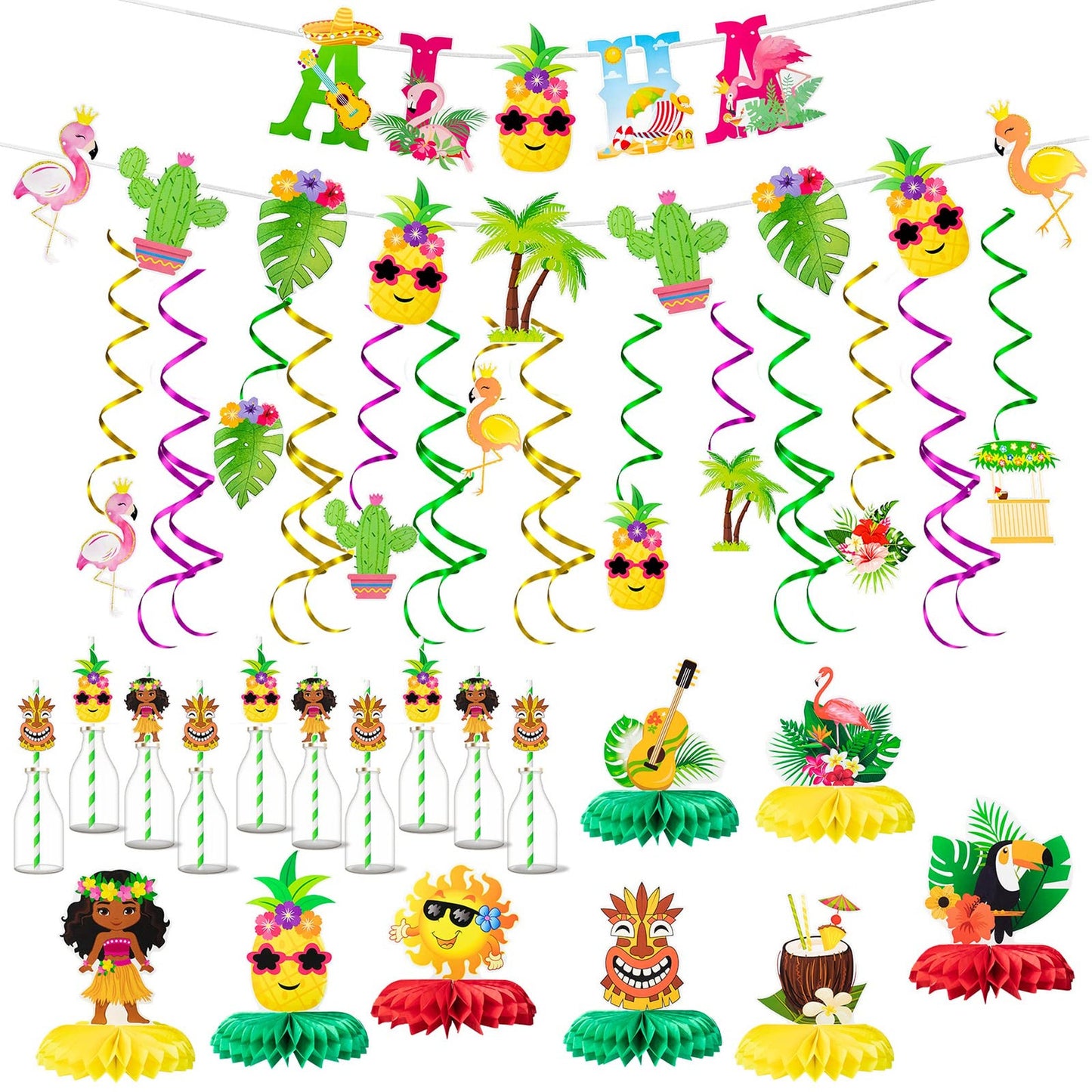 Tropical Luau Aloha Party Pack - 36PCS Hawaiian Decorations Set with Banner, Swirls, Honeycomb Centerpieces, Paper Straws. Perfect for Summer Pool Parties!