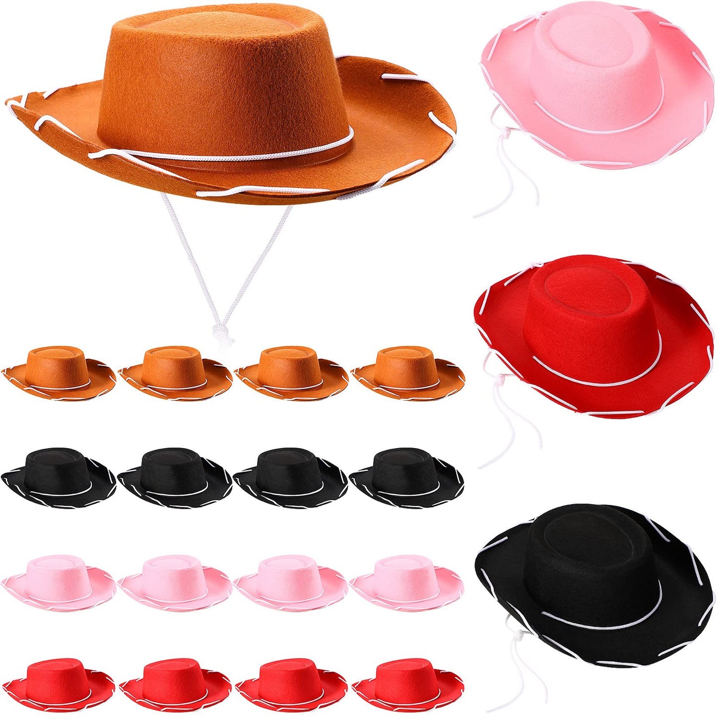 Wild West Kids Party Pack - 20 Cowboy & Cowgirl Hats in Brown, Black, Red, Pink - Western Birthday Celebration Essentials for Children