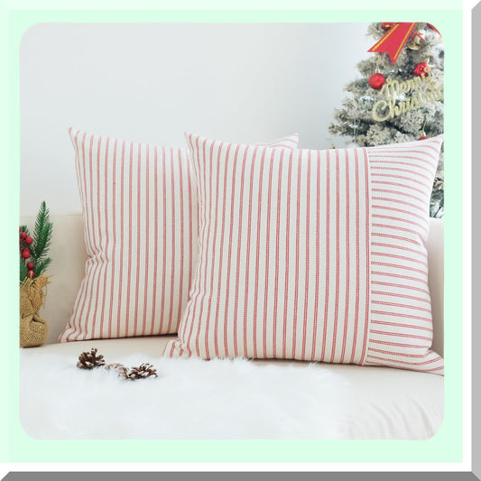 Striped Linen Farmhouse Pillow Covers - Set of 2 Modern Accent Cases for Sofa Couch & Bedroom Decor - Red Patchwork Design - 18 x 18 Inch Square