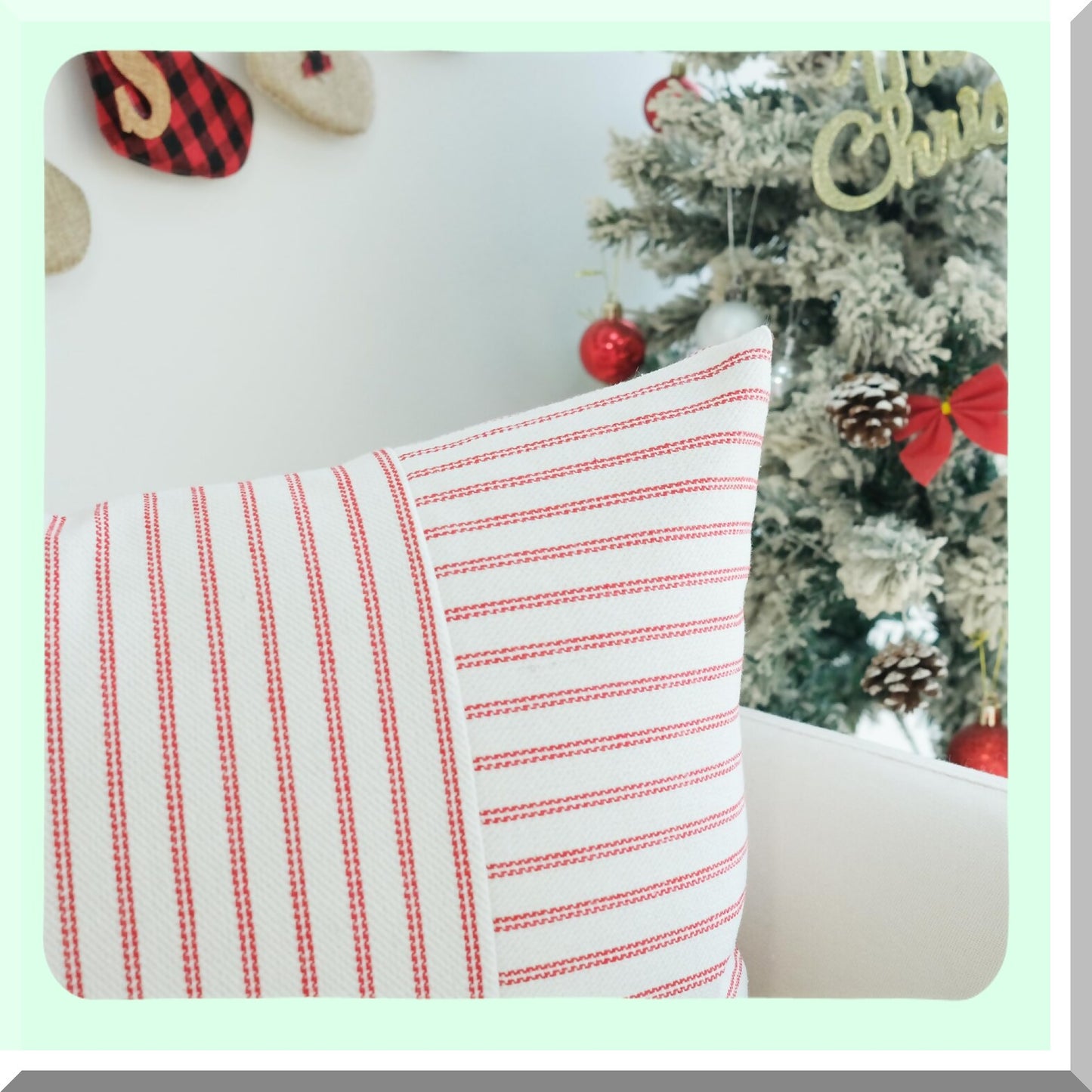 Striped Linen Farmhouse Pillow Covers - Set of 2 Modern Accent Cases for Sofa Couch & Bedroom Decor - Red Patchwork Design - 18 x 18 Inch Square