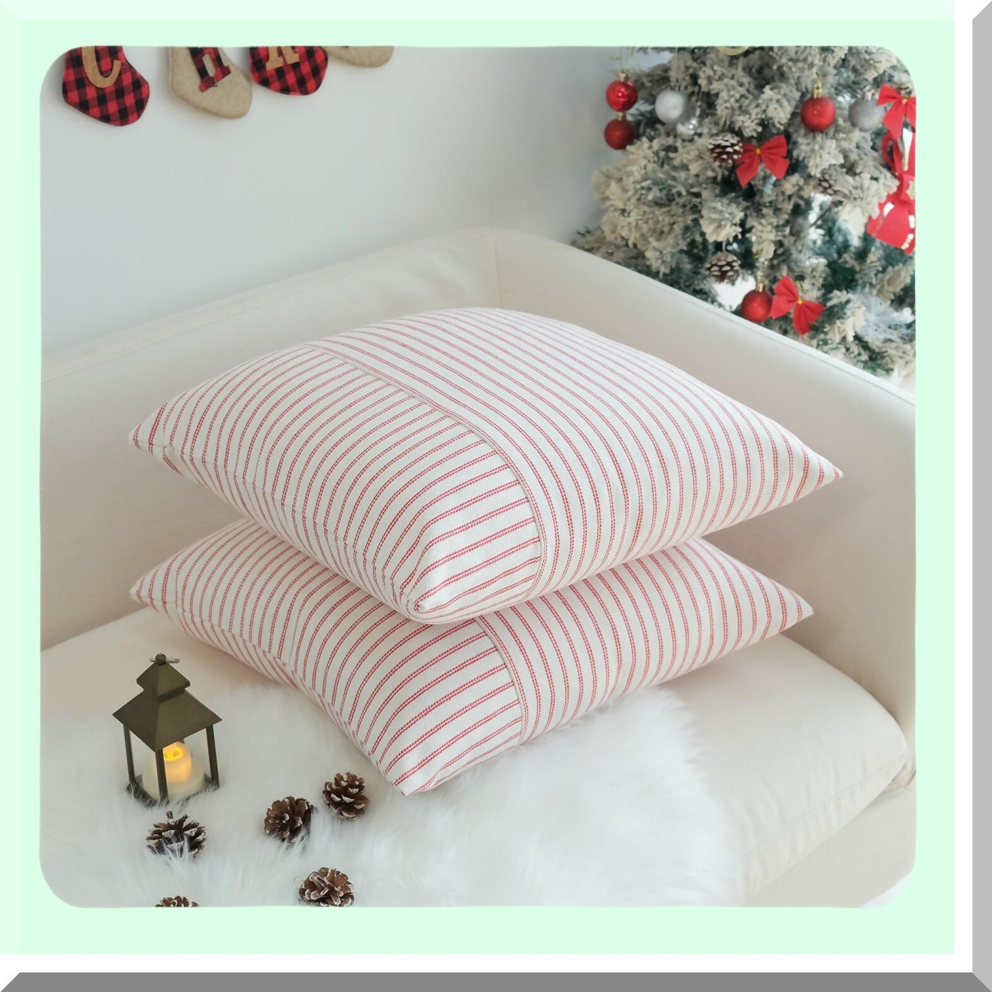 Striped Linen Farmhouse Pillow Covers - Set of 2 Modern Accent Cases for Sofa Couch & Bedroom Decor - Red Patchwork Design - 18 x 18 Inch Square