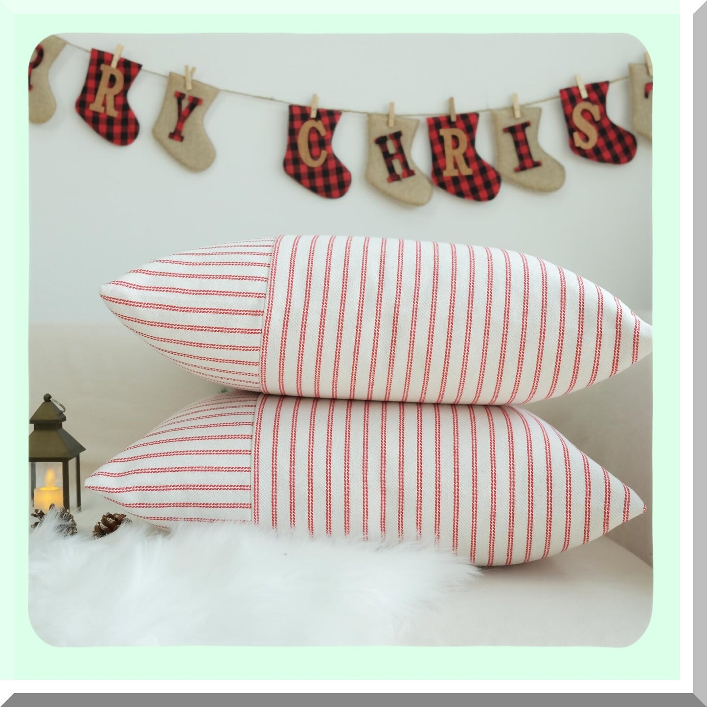 Striped Linen Farmhouse Pillow Covers - Set of 2 Modern Accent Cases for Sofa Couch & Bedroom Decor - Red Patchwork Design - 18 x 18 Inch Square