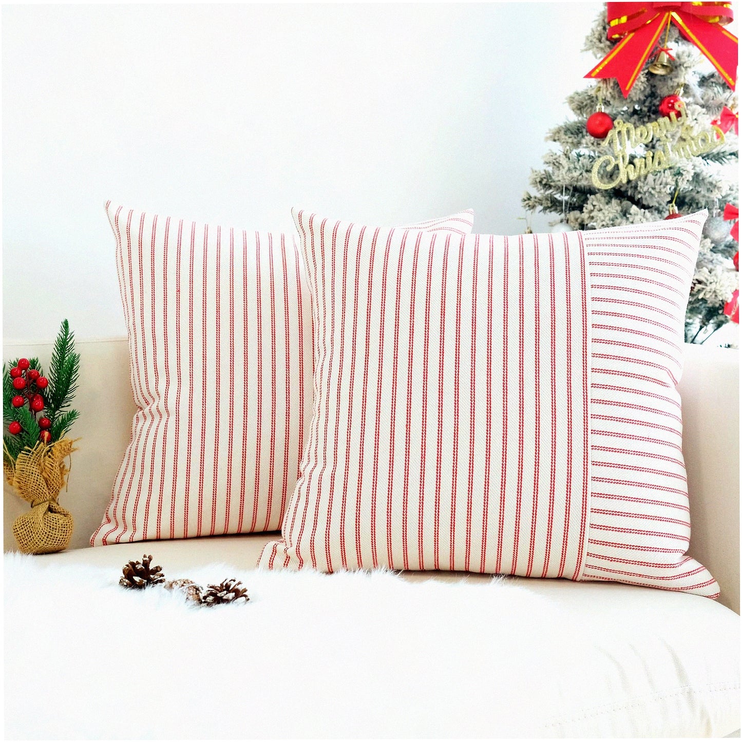 Striped Linen Farmhouse Pillow Covers - Set of 2 Modern Accent Cases for Sofa Couch & Bedroom Decor - Red Patchwork Design - 18 x 18 Inch Square