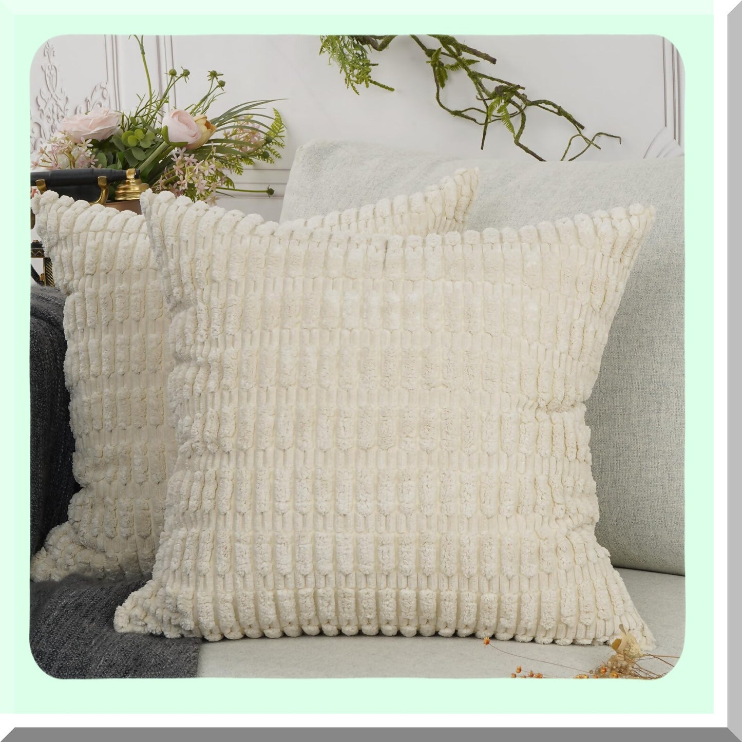 Cozy Corn Stripe Bolster Pillowcase Set - Super Soft Corduroy Decorative Cushion Covers for Couch, Sofa, Bed - Cream, 18''x18'' - Pack of 2