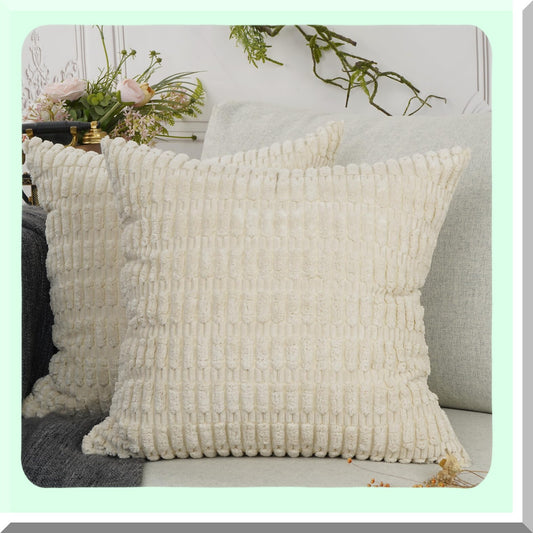 Cozy Corn Stripe Bolster Pillowcase Set - Super Soft Corduroy Decorative Cushion Covers for Couch, Sofa, Bed - Cream, 18''x18'' - Pack of 2