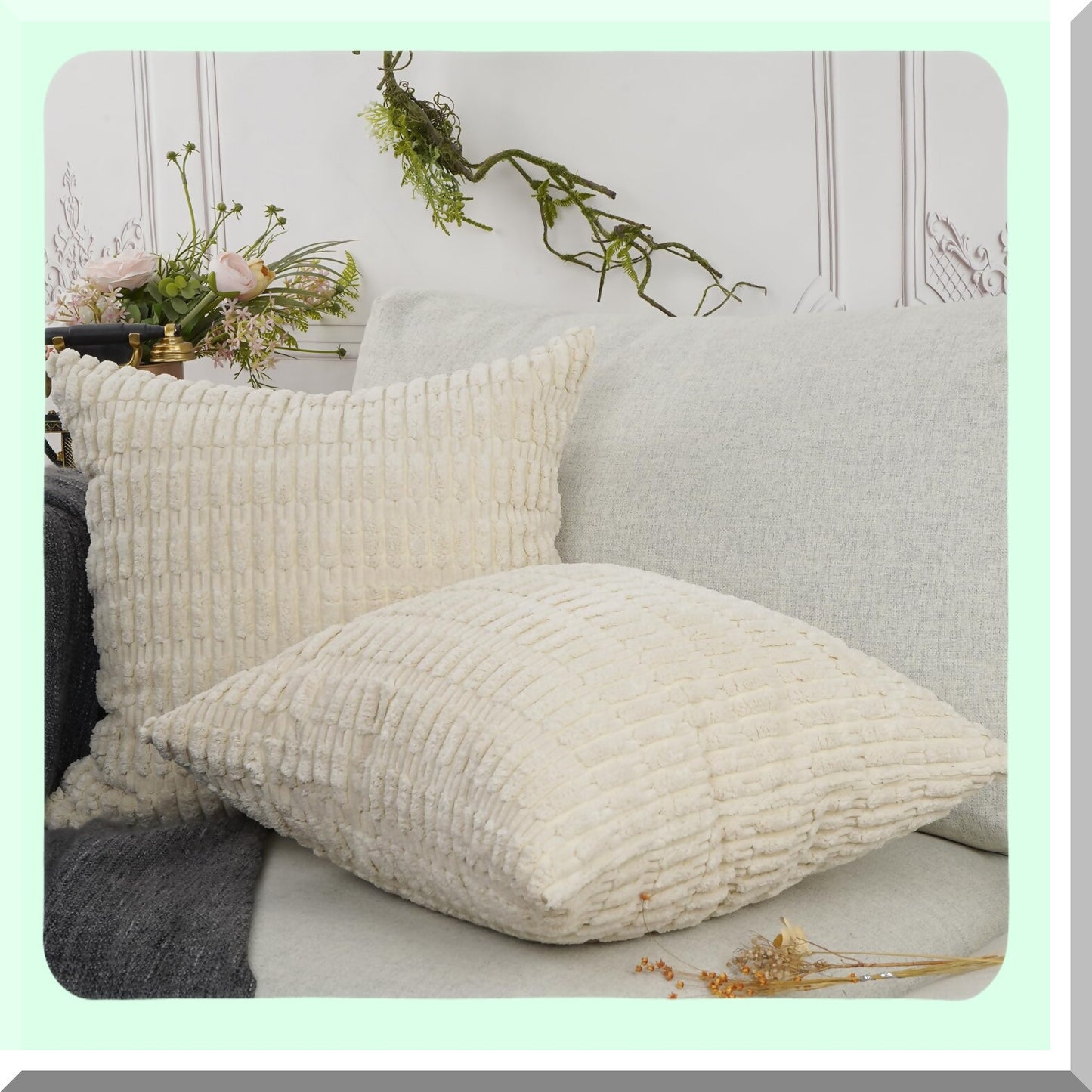 Cozy Corn Stripe Bolster Pillowcase Set - Super Soft Corduroy Decorative Cushion Covers for Couch, Sofa, Bed - Cream, 18''x18'' - Pack of 2