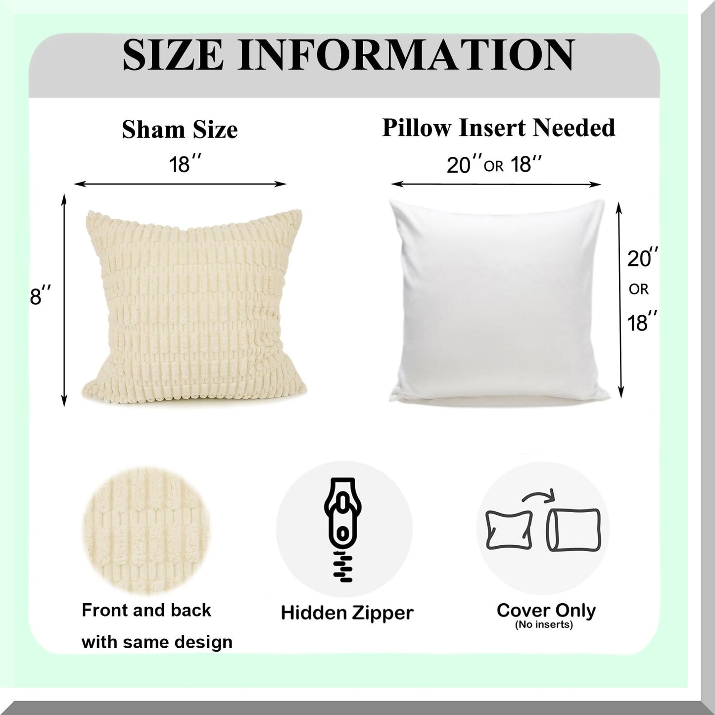 Cozy Corn Stripe Bolster Pillowcase Set - Super Soft Corduroy Decorative Cushion Covers for Couch, Sofa, Bed - Cream, 18''x18'' - Pack of 2