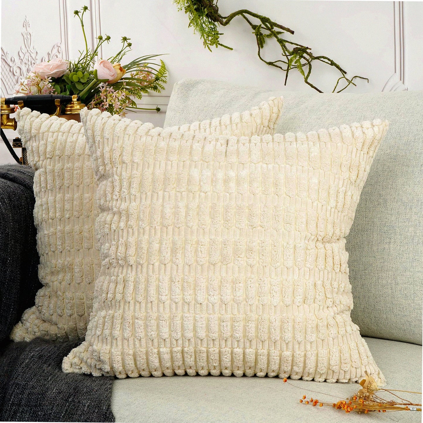 Cozy Corn Stripe Bolster Pillowcase Set - Super Soft Corduroy Decorative Cushion Covers for Couch, Sofa, Bed - Cream, 18''x18'' - Pack of 2