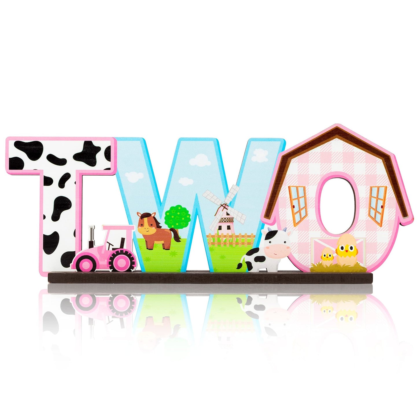 Pink Barnyard Table Sign - 2nd Birthday Party Decorations for Baby Girls - Farm Theme Centerpiece for Baby Shower Photo Props - Wooden Two Letter Sign