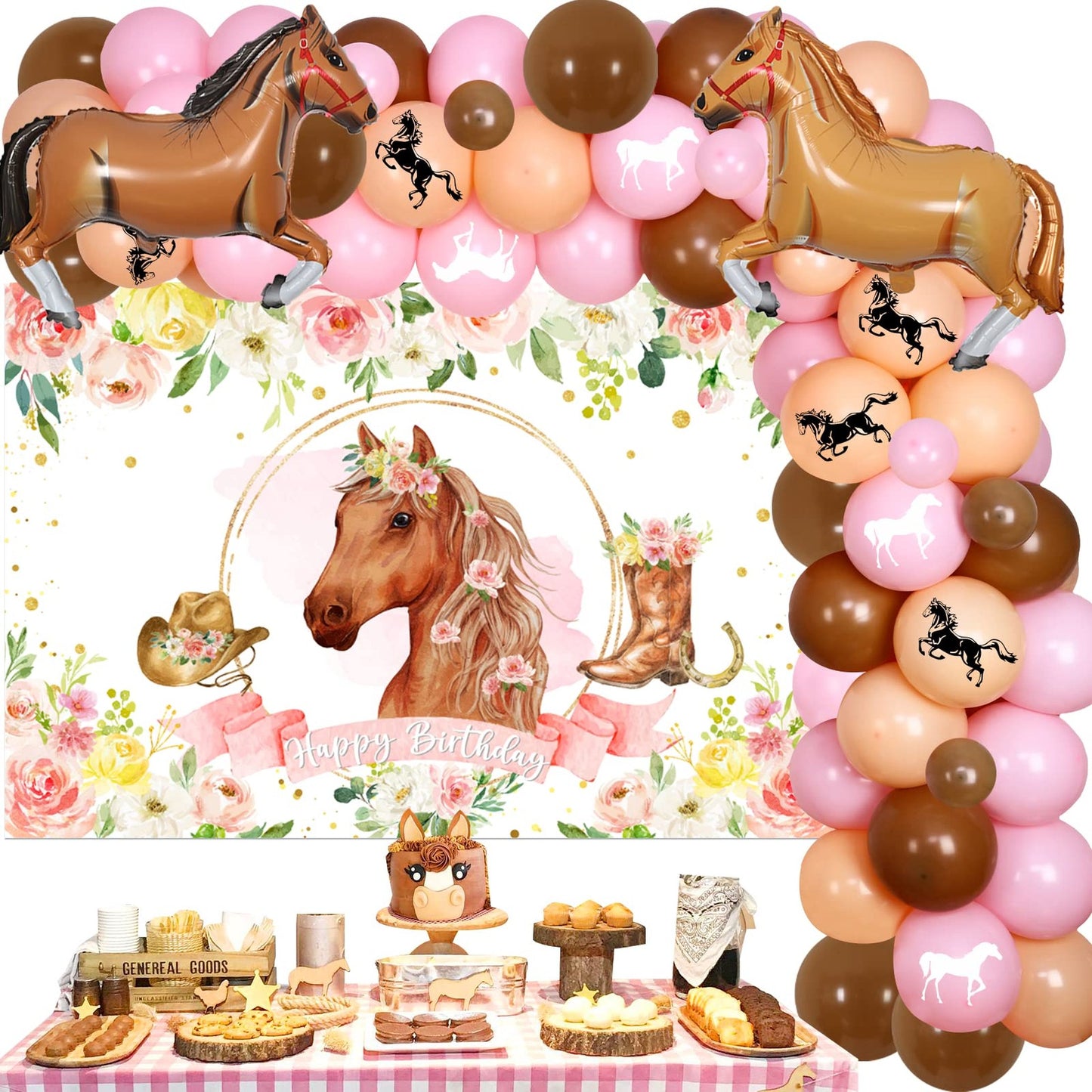 Pink Floral Horse Party Pack - Horse Balloon Arch & Photo Backdrop Set for Cowgirl Birthday Bash! Includes Racing Horse Balloons & Western Decor.