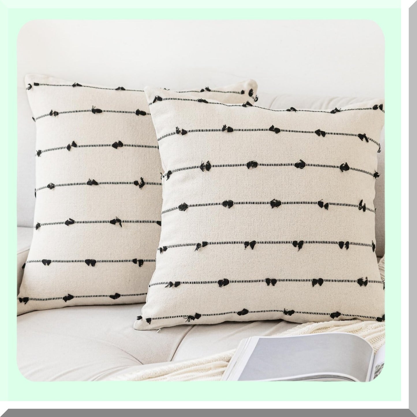 Farmhouse Tufted Boho Pillow Covers - Set of 2 Modern Decorative Cushion Cases for Sofa, Couch, Bed - Neutral Square Accent Pillowcases - Beige & Black 18x18