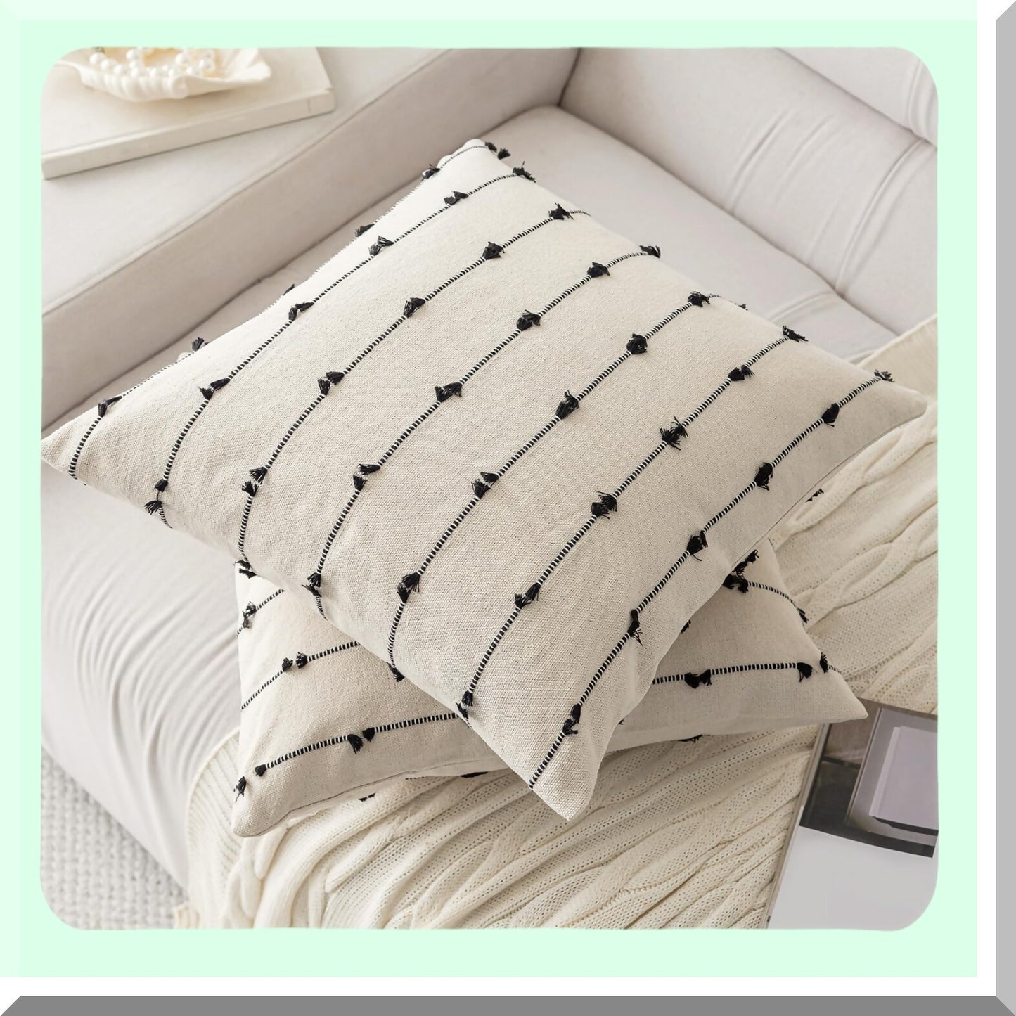 Farmhouse Tufted Boho Pillow Covers - Set of 2 Modern Decorative Cushion Cases for Sofa, Couch, Bed - Neutral Square Accent Pillowcases - Beige & Black 18x18