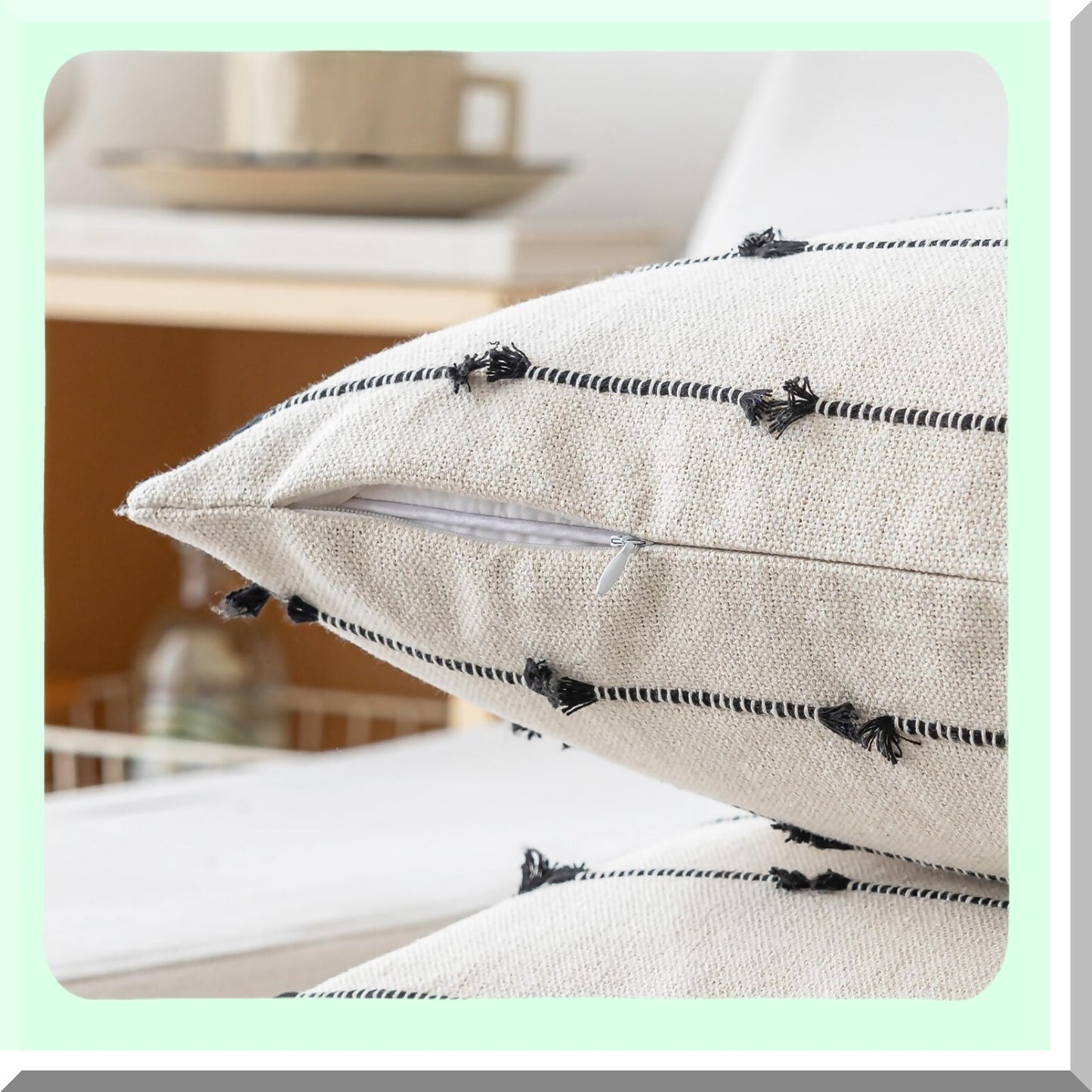 Farmhouse Tufted Boho Pillow Covers - Set of 2 Modern Decorative Cushion Cases for Sofa, Couch, Bed - Neutral Square Accent Pillowcases - Beige & Black 18x18