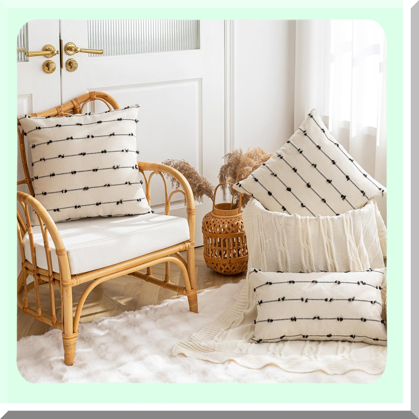 Farmhouse Tufted Boho Pillow Covers - Set of 2 Modern Decorative Cushion Cases for Sofa, Couch, Bed - Neutral Square Accent Pillowcases - Beige & Black 18x18