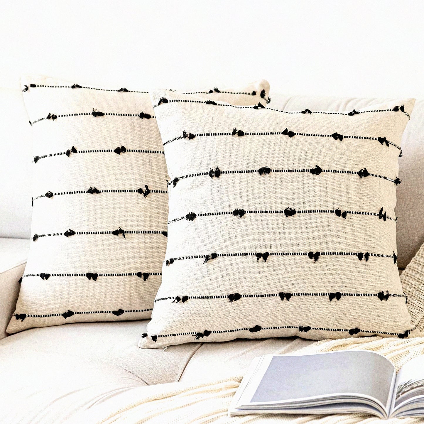 Farmhouse Tufted Boho Pillow Covers - Set of 2 Modern Decorative Cushion Cases for Sofa, Couch, Bed - Neutral Square Accent Pillowcases - Beige & Black 18x18