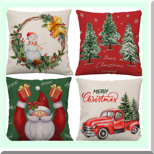 Winter Wonderland Pillow Covers - Set of 4 Red Tree & Merry Truck Claus Design - Holiday Decor Throw Cushion Cases for Home & Outdoor - 22x22 Inches
