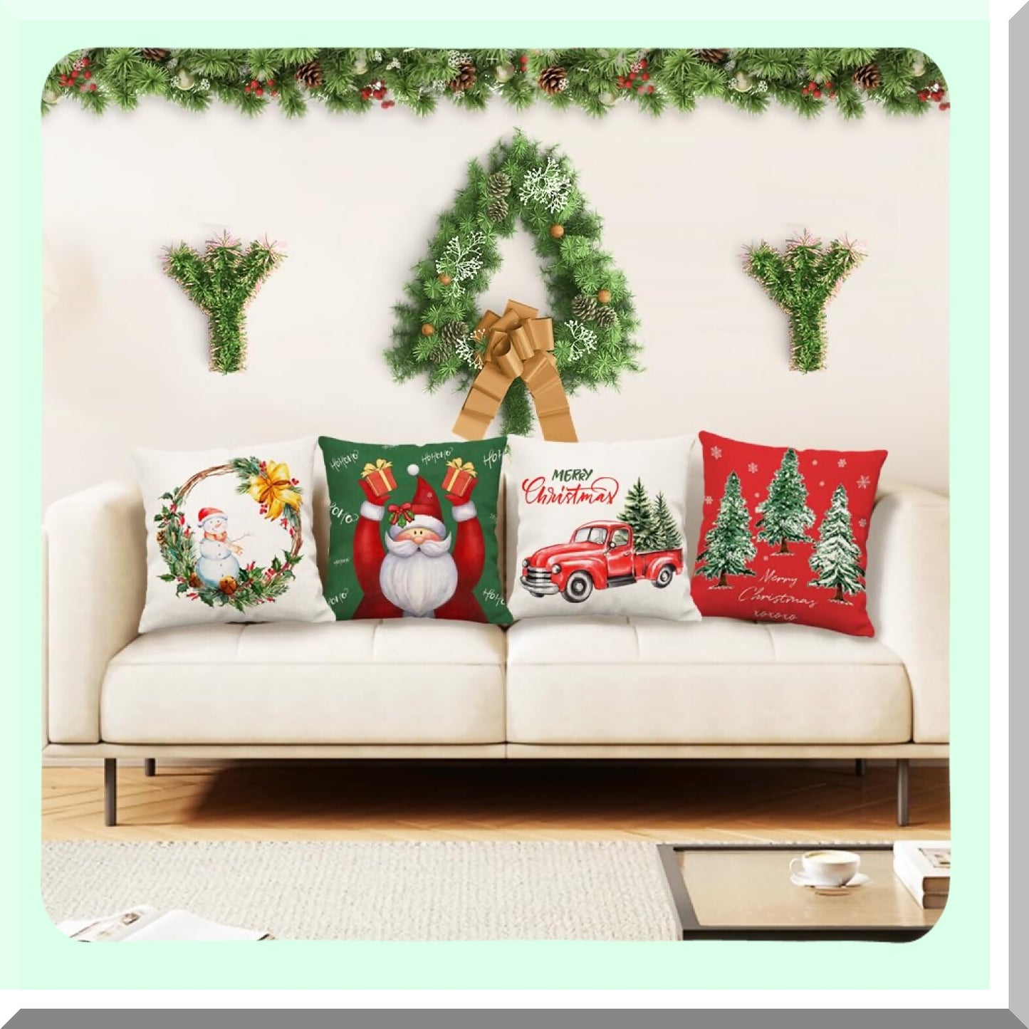 Winter Wonderland Pillow Covers - Set of 4 Red Tree & Merry Truck Claus Design - Holiday Decor Throw Cushion Cases for Home & Outdoor - 22x22 Inches