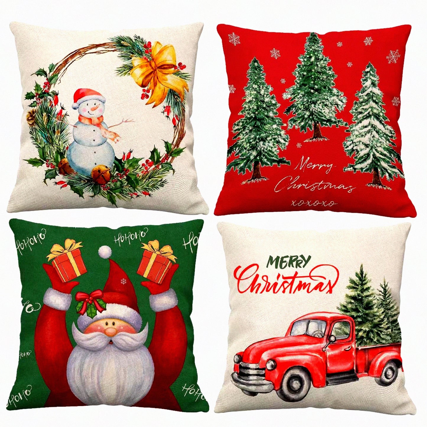 Winter Wonderland Pillow Covers - Set of 4 Red Tree & Merry Truck Claus Design - Holiday Decor Throw Cushion Cases for Home & Outdoor - 22x22 Inches