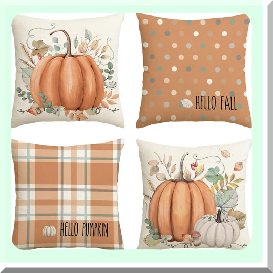 Autumn Harvest Eucalyptus Pumpkin Pillow Covers - Set of 4 - Fall Decorations for Sofa Couch - 18 x 18 Inch Thanksgiving Orange Theme