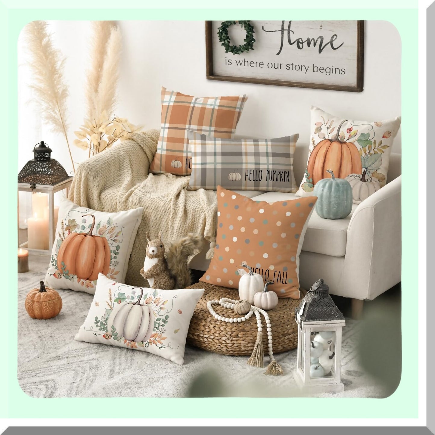 Autumn Harvest Eucalyptus Pumpkin Pillow Covers - Set of 4 - Fall Decorations for Sofa Couch - 18 x 18 Inch Thanksgiving Orange Theme