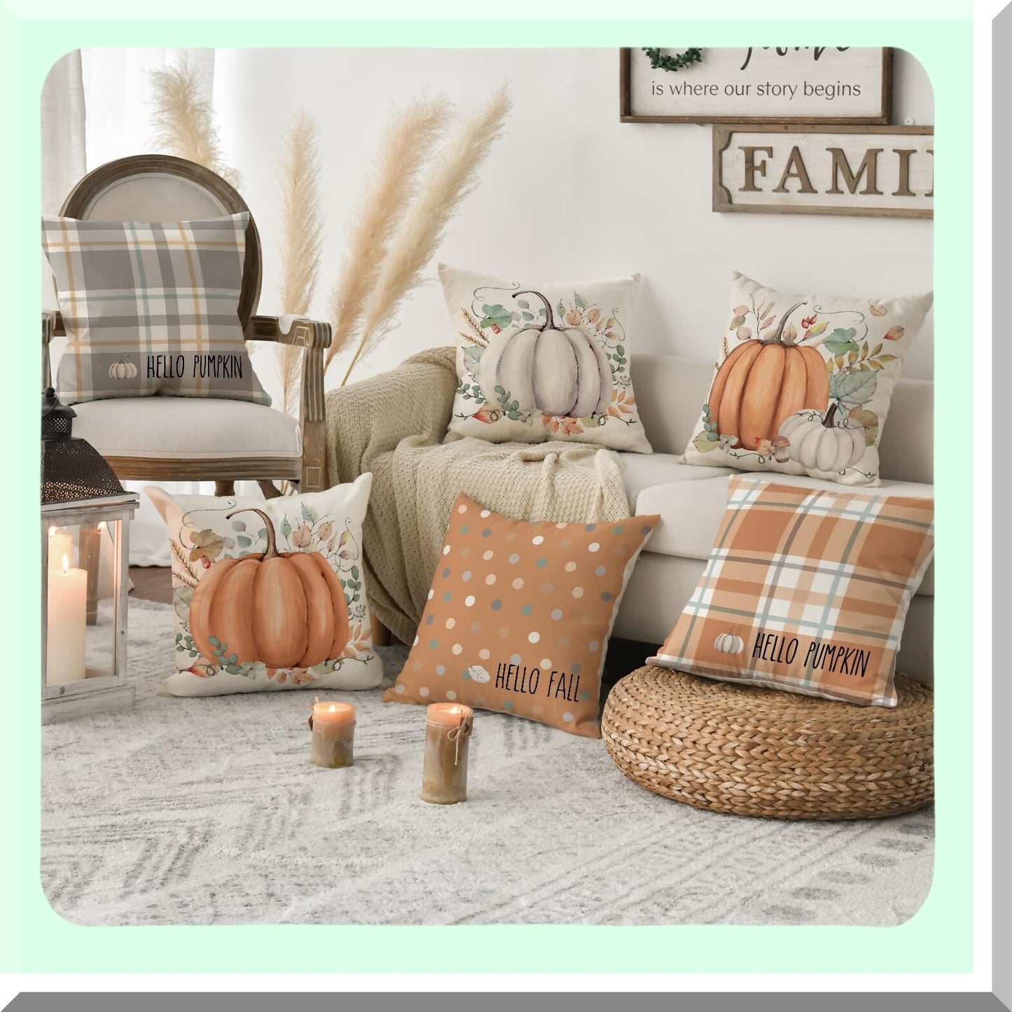 Autumn Harvest Eucalyptus Pumpkin Pillow Covers - Set of 4 - Fall Decorations for Sofa Couch - 18 x 18 Inch Thanksgiving Orange Theme