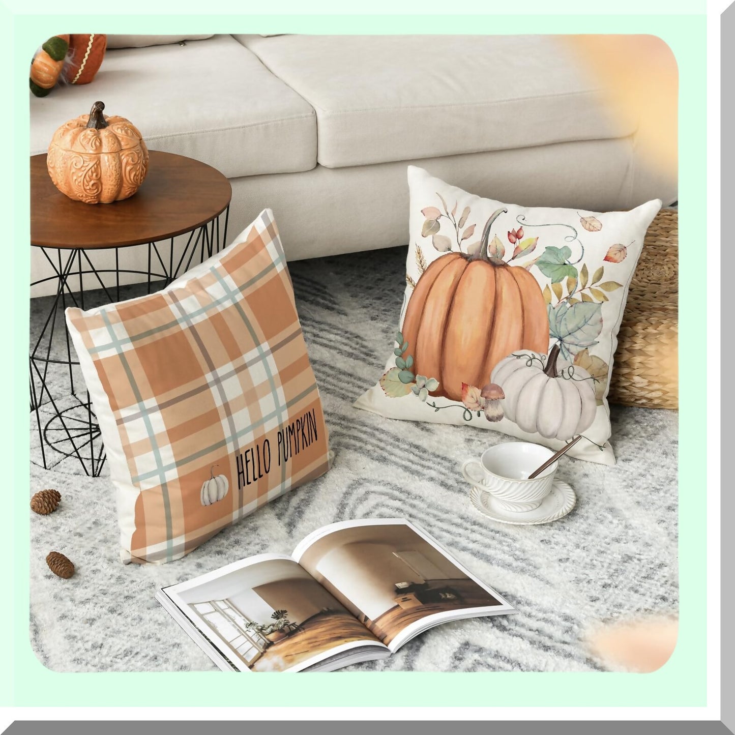 Autumn Harvest Eucalyptus Pumpkin Pillow Covers - Set of 4 - Fall Decorations for Sofa Couch - 18 x 18 Inch Thanksgiving Orange Theme