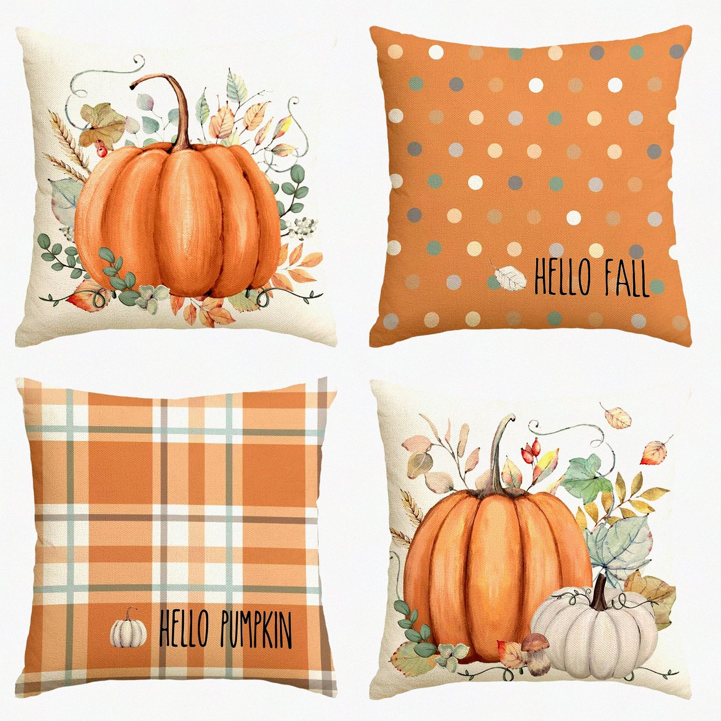 Autumn Harvest Eucalyptus Pumpkin Pillow Covers - Set of 4 - Fall Decorations for Sofa Couch - 18 x 18 Inch Thanksgiving Orange Theme