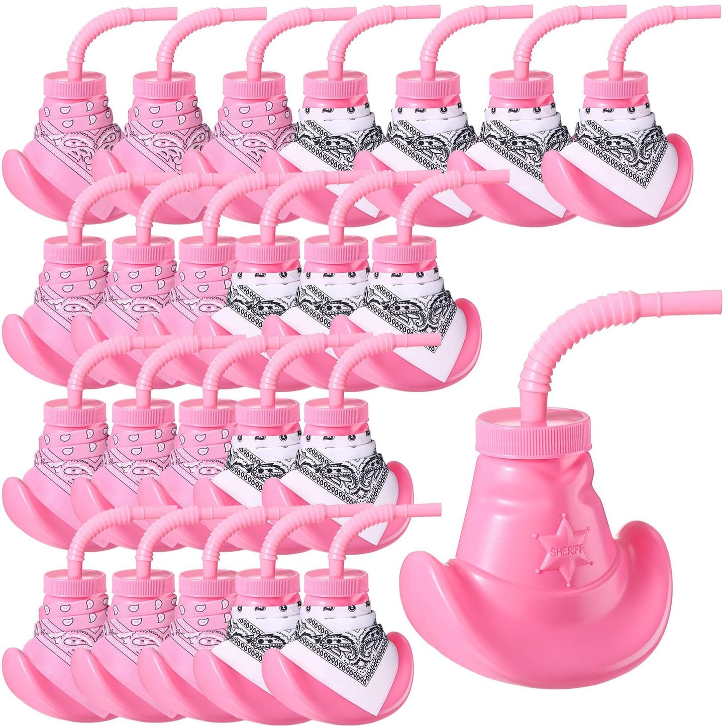 Cowboy Hat Party Pack - 24 Mini Bandana Cups, 10 oz Plastic Cup with Lids & Straws for Western Themed Cowgirl Birthday Decorations (Pink/White)