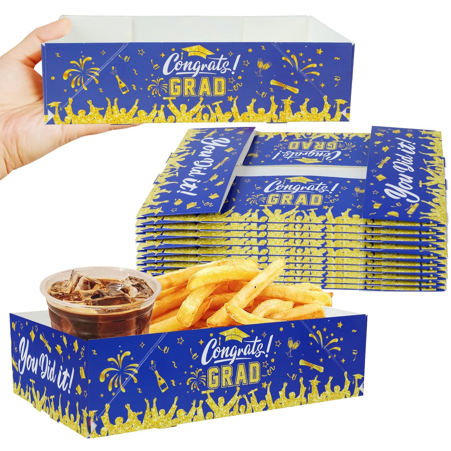 Congrats Grad Snack Trays - 30 Pack Disposable Food Holders for Popcorn & Nachos - Blue & Gold Graduation Party Supplies & Decorations