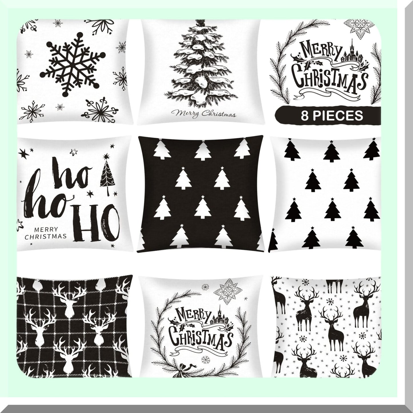 Winter Wonderland Pillow Cover Set - Reindeer, Snowflake, Tree Design - 18x18 Inch Cushion Covers for Sofa & Bed - Retro Christmas Decor - Set of 8