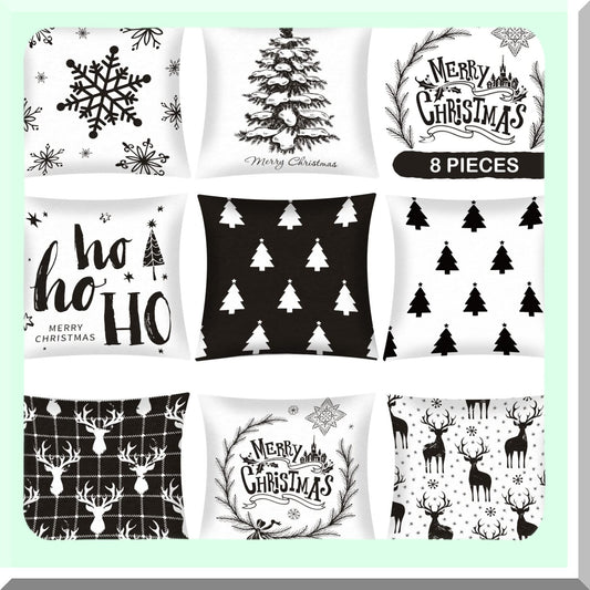 Winter Wonderland Pillow Cover Set - Reindeer, Snowflake, Tree Design - 18x18 Inch Cushion Covers for Sofa & Bed - Retro Christmas Decor - Set of 8