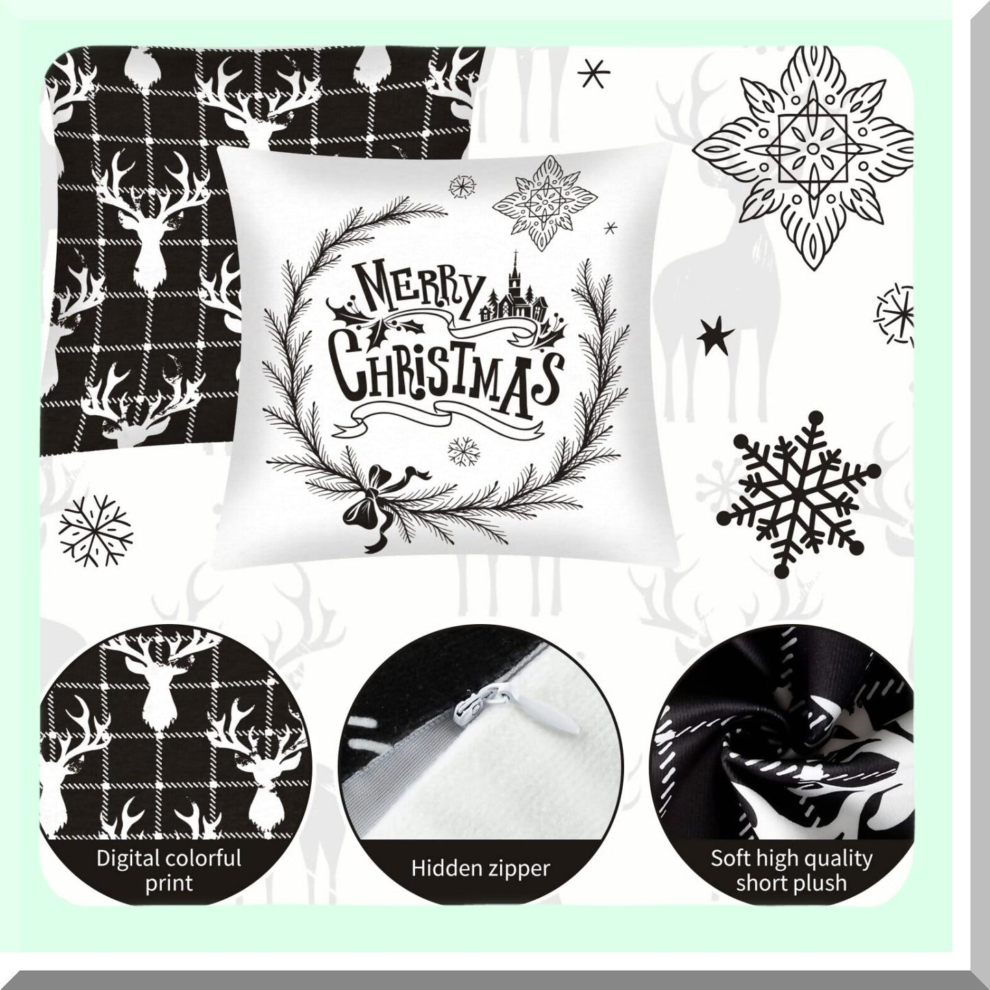 Winter Wonderland Pillow Cover Set - Reindeer, Snowflake, Tree Design - 18x18 Inch Cushion Covers for Sofa & Bed - Retro Christmas Decor - Set of 8